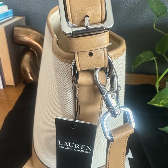 NWT Ralph Lauren Canvas Med Whitley Beige Tan Monogram Shoulder Bucket Bag - Picture 7 of 10
